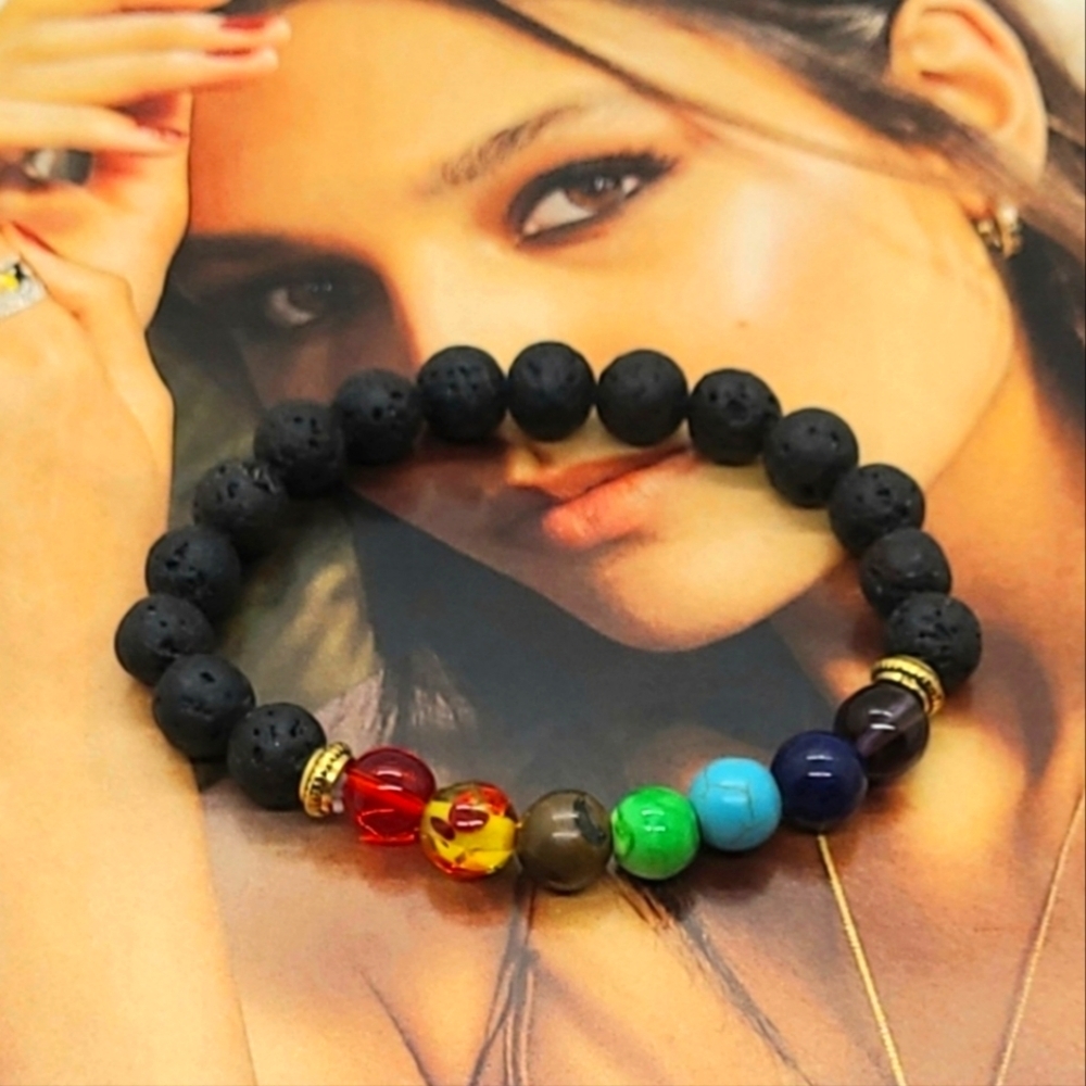 NWT 7 Chakra Reiki Healing Volcanic Stone Bracelet